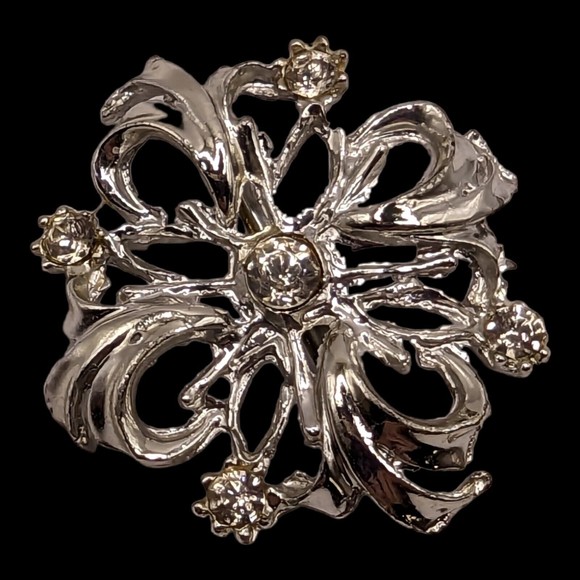 Unbranded Jewelry - Vintage Clear Rhinestone Silver Tone Flower Ribbon Brooch Pin Estate Statement